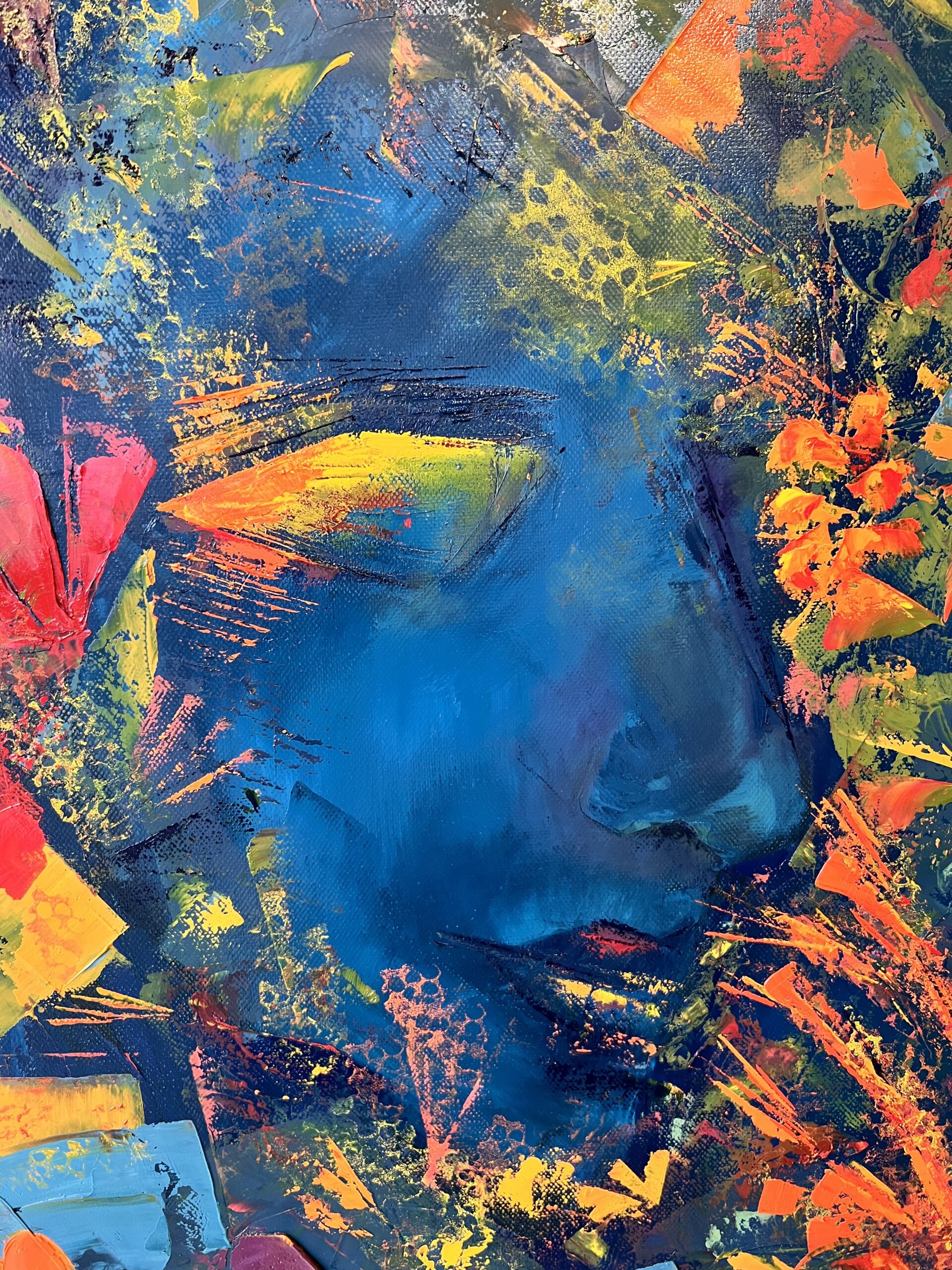 Huixtocihuatl – Harmony The goddess emerges radiant and serene. Her gentle smile, surrounded by vivid coral of vibrant colors and flowing forms, evokes a world in balance. A portrait of abundance and joy, this painting celebrates the ocean’s vibrant vitality.